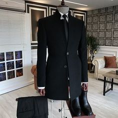 Black Long Coat For Semi-formal Occasions, Office Outerwear With Slim Fit And Suit Collar, Winter Tuxedo Suits For Office, Black Notch Lapel Suit For Winter, Classic Black Long Coat Blazer, Double-breasted Tuxedo Style Business Outerwear, Classic Long Black Blazer, Winter Office Tuxedo Suits, Slim Fit Long Sleeve Semi-formal Outerwear