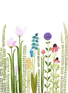 a painting of flowers and grass on a white background