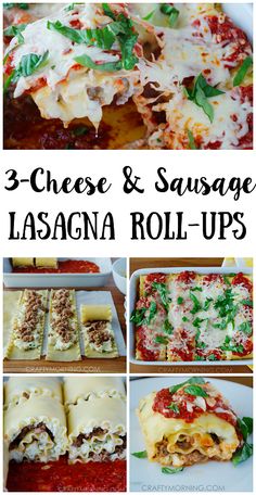 three cheese and sausage lasagna roll ups collage with title text overlay