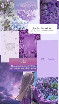 the collage has many different images in purple and lavender colors, including flowers, clouds,