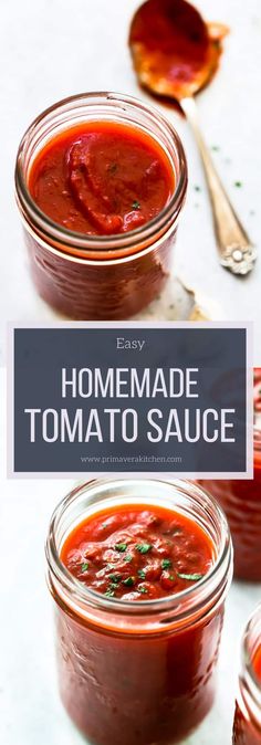 homemade tomato sauce in small jars with spoons