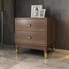 a wooden dresser sitting on top of a tiled floor