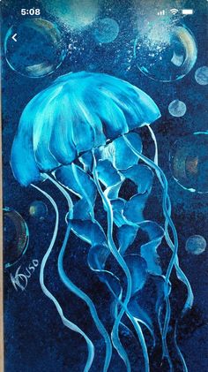 a painting of a blue jellyfish with bubbles