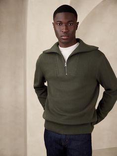 French Rib Half-Zip | Banana Republic Fall Half-zip Sweatshirt With Ribbed Collar, Winter Half-zip Sweatshirt With Ribbed Collar, Fall Half-zip Polo Sweater With Ribbed Collar, Half Zip Sweatshirt, Banana Republic Sweater, Half Zip Pullover, Zip Sweatshirt, Curator Style, Hip Length