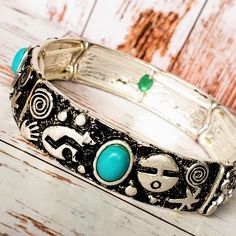 Native American Art And Robin Egg Blue Composite Turquoise Stones Make The Perfect Southwestern Style Stretch Bangle. Large Links And Heavy Duty Jeweler's Grade Stretch Band Used. Compatible With Many Different Accessories And Look. *Fits Up To 8 Inches Comfortably Turquoise Symbolic Adjustable Jewelry, Adjustable Southwestern Silver Beaded Bracelets, Adjustable Silver Southwestern Bracelet, Adjustable Silver Beaded Bracelets In Southwestern Style, Adjustable Silver Beaded Southwestern Bracelet, Silver Adjustable Stretch Bracelet For Festival, Silver Bohemian Metal Stretch Bracelet, Adjustable Silver Stretch Bracelet For Festivals, Southwestern Silver Bracelets For Festival