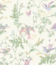 a floral wallpaper with birds and flowers in pastel colors on a white background