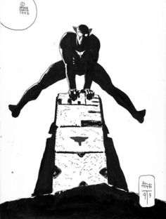 a black and white drawing of a man on top of a building with his feet in the air