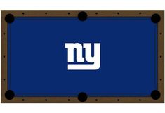 the new york giants pool table cloth is blue and brown with white letters on it