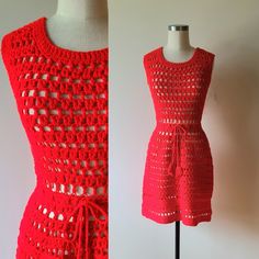 "Vintage 1960's-1970's red handmade  crocheted mini dress size small-medium Open lacey pattern with some solid rows at the hem.  Chain stitch drawstring belt with tasseled ends.  Pull on.  Nicely crocheted.   I assume it is made of acrylic yarn.  The dress form pictured is a modern size 8 and the dress fits. There is give to the yarn so you could go up a size or two if you  want to \"fill\" the shape.  To assure an accurate fit please refer to the measurements below.    Measurements lying flat: Red Bohemian Crochet Top For Spring, Fitted Crochet Mini Dress For Festivals, Fitted Red Crochet Dress For Summer, Red Fitted Bohemian Crochet Dress, Fitted Mini-length Crochet Dress For Festivals, Crochet 70s Dress, Fitted Red Bohemian Crochet Dress, Fitted Red Crochet Beach Dress, Vintage Crochet Dress For Spring