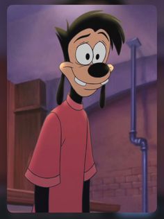 cartoon character with black hair and red shirt standing in front of a microphone, smiling at the camera