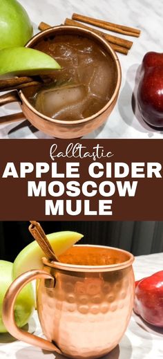 an apple cider moscow mule with apples and cinnamon sticks