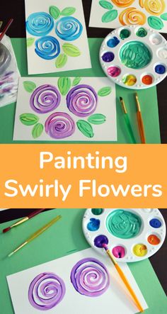 painting swirly flowers with watercolors on paper and paintbrushes next to them