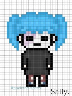 the pixel art is designed to look like an anime character with blue hair and black clothes