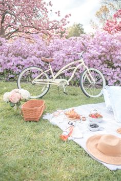 a bicycle is parked next to a picnic blanket on the grass in front of pink flowers