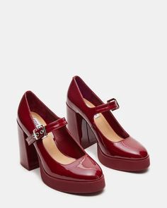 TULLY Wine Patent Platform Mary Jane Heel | Women's Heels – Steve Madden Platform Shoe, Steve Madden Heels, Platform Mary Janes, Leather Socks, Mary Jane Heels, Red Heels, Leather Mary Janes, Platform Shoes, Fall Trends