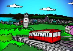 a red train traveling down tracks next to a lush green hillside with buildings in the background