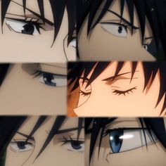 four different images of anime eyes with black hair and blue eyes, one is staring at the camera