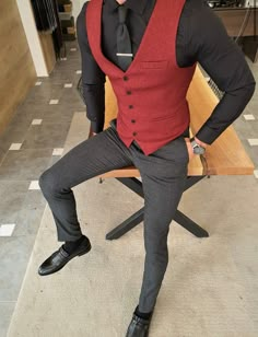 Daroni Claret Red Slim Fit Vest | BOJONI Mens Prom Outfit, Red Vest Outfit, Prom Vest, Prom Outfit Ideas, Vest Outfits Men, Black And Red Suit, Suspenders Outfit, Red Suspenders, Fake Scenarios