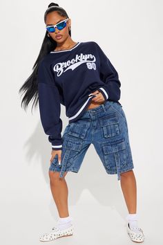 Available In Navy. V-Neck Sweatshirt Long Sleeve Front Screen Embroidered Disclaimer: Due To The Embroidery Placement, Each Garment Is Unique 100% Polyester Imported | Brooklyn 1980 Athletic Sweatshirt in Navy Blue size XS by Fashion Nova Embroidery Placement, Athletic Sweatshirts, Sweatshirt Outfit, Navy Fashion, Teen Fashion Outfits, Teen Fashion, Long Sweatshirt, Black Hair, Fashion Nova