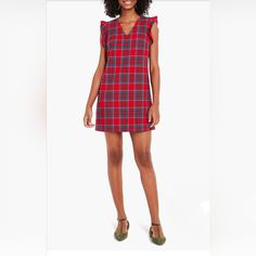 Bold Tartan In Festive Hues Ensures This Simple V-Neck Dress Will Become One Of Your Holiday Party Faves, While Ruffled Cap Sleeves Provide An Added Touch. Back Zip Closure V-Neck Cap Sleeves 64% Polyester, 32% Rayon, 4% Spandex Machine Wash, Tumble Dry Imported Women's Clothing Plaid Summer Holiday Dress, Casual Plaid Holiday Dress, Casual V-neck Holiday Dress, Embellished Tunic Dress, Striped Linen Dress, Striped Knit Dress, Ruffle Sleeve Dress, Check Fabric, Dress Shirt Sleeves