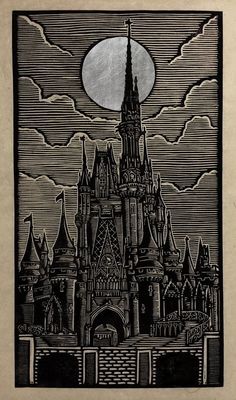 a black and white drawing of a castle with a full moon in the sky above it