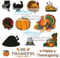 the cross stitch pattern shows different types of thanksgiving decorations