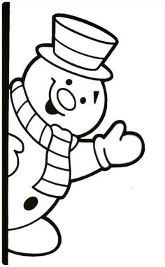 a snowman peeking out from behind a pole with his hat and mittens on