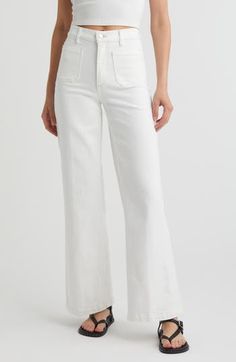 These '70s-inspired wide-leg palazzo jeans are cut from low-stretch denim with front patch pockets and a crisp white wash. 32" inseam; 24" leg opening; 12" front rise; 16" back rise (size 29) Zip fly with button closure Front patch pockets; back patch pockets 98% cotton, 2% elastane Machine wash, tumble dry Made in the USA of imported fabric Jeans No Holes, Palazzo Jeans, Men Home Decor, Rollerball Perfume, Beauty Sale, 70s Inspired, Fragrance Design, Nordstrom Store, Free Fabric