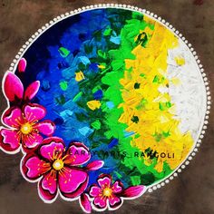 a painting with flowers painted on it in the shape of a rainbow and white circle