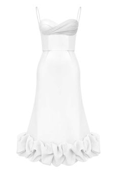 Insert some feminine tones to your wardrobe with a Draped Bodice Bottom Flounced Bustier Dress in white. The dress corset top has a heart shaped neckline that emphasizes the collarbone and shoulder line. The bottom of the dress is complemented by a frill creating the lightness. Invisible Zip Fastener. Lined. Evening Ruched Corset With Sweetheart Neckline, Elegant Corset With Sweetheart Neckline And Pleated Bodice, Fitted Evening Dress With Sweetheart Neckline And Ruffles, Elegant Fitted Corset Dress With Ruffles, Fitted Feminine Evening Dress With Sweetheart Neckline, Elegant Overbust Corset Dress With Ruched Bodice, Fitted Strapless Overbust Wedding Dress, Fitted Strapless Overbust Dress For Wedding, White Dress With Ruched Fitted Bodice