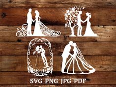 wedding silhouettes on wood background with the words svg png file for cricut