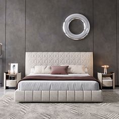 a bedroom with a bed, nightstands and two night stands in front of a gray wall