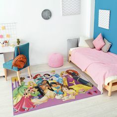 a child's bedroom decorated in pink and blue with princesses on the rug