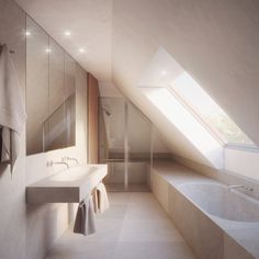 an attic bathroom with skylight and large bathtub