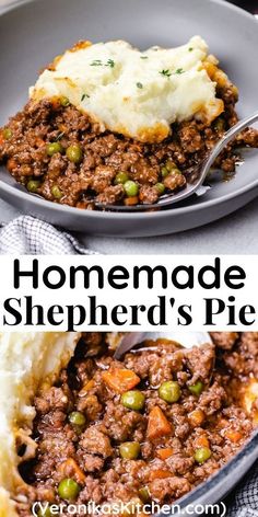 homemade shepherd's pie with mashed potatoes and peas