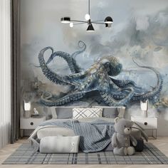 an octopus mural in a bedroom with a teddy bear