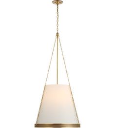 a light fixture with a white shade hanging from it's center point on a chain