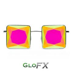 GloFX MC Squared Kaleidoscope Glasses - Unique Square-Shaped Silver Metal Frame - Smooth Plastic Ends for Extra Comfort - Real Rainbow-Fumed Crystals - Flat Viewing Area for Increased Visibility - Spring Hinges Added to Arms for Durability - Designed and Manufactured Exclusively by GloFX - Free Microfiber Cleaning Case Included You never want to be called a square... or maybe you do! MC Squared Kaleidoscope Glasses might be perfect for you to live out your nerdy fantasy. Though considered Kaleid Edm Festival Outfit Raver Girl, Edm Party, Edm Music Festivals, Kaleidoscope Glasses, Glasses Unique, Rave Outfits Edc, Rave Edm, Rave Gear, Tinted Glasses