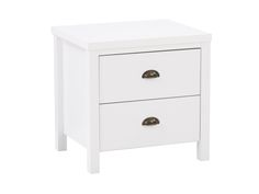 White 2-drawer nightstand with sleek design, metal handles, and sturdy wooden construction.