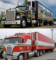 two pictures of semi trucks side by side, one is red and the other is green