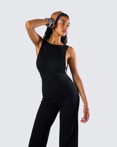 Nothing like a chic little business casual moment 💅 Let them know who the boss really is in this black maxi jumpsuit made from ponte fabric and complete with a fitted top, wide legs, and a backless design 🖤 Backless Jumpsuits And Rompers For Spring Formal, Backless Formal Jumpsuits And Rompers For Spring, Backless Formal Jumpsuit For Spring, Formal Backless Jumpsuit For Spring, Chic Strapless Maxi Jumpsuit For Evening, Elegant Spring Jumpsuits And Rompers With Back Opening, Elegant Evening Strapless Maxi Jumpsuit, Elegant Strapless Maxi Jumpsuit For Night Out, Elegant Backless Jumpsuits For Date Night