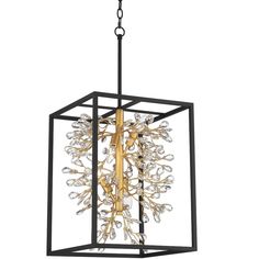 a black and gold chandelier hanging from a ceiling fixture with crystal beads on it