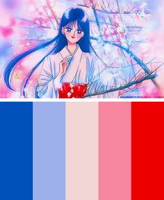 an anime character with long hair and blue eyes holding a red cup in her hand