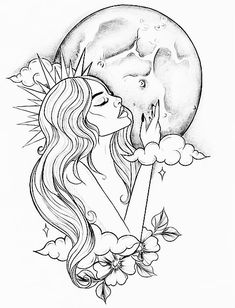 a drawing of a woman with flowers on her head and the moon in the background