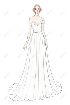 Elegant Off-shoulder A-line Designer Bridal Dress Sketch A Line Dress Illustration Fashion Sketches, Ball Gown Flat Sketch, Wedding Dress Sketches Illustration, Wedding Dress Sketches Design, Bridal Dress Sketch, Dress Sketch Ideas, Wedding Dress Drawing, Custom Wedding Dress Sketch, Designer Bridal Dress