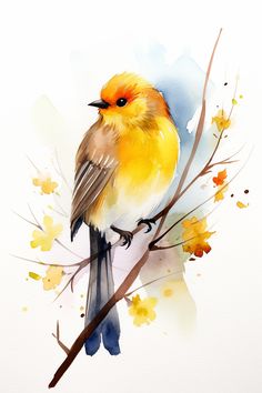 a watercolor painting of a bird sitting on a branch with yellow and blue leaves