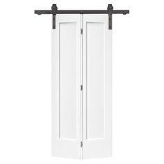 an open white door with black hardware on the top and bottom, against a white background