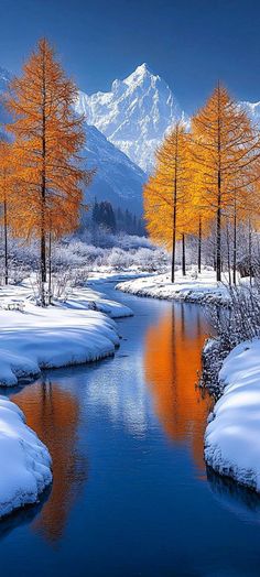 a river surrounded by snow covered trees with mountains in the background and orange leaves on them