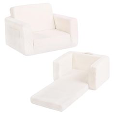 a white chair and footstool sitting next to each other on a white background