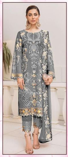 Gorgeous new design, trendy and perfect for weddings! Pakistani and Indian style. We have different colours available! material only. Silver Embroidered Dress For Eid, Bollywood Style Silver Embroidered Dress, Designer Gray Dupatta With Zari Work, Elegant Gray Embroidered Dresses, Gray Zari Work Dupatta For Eid, Festive Embroidered Gray Dupatta, Traditional Gray Salwar Kameez With Dupatta, Bollywood Style Gray Dupatta For Designer Wear, Gray Dupatta For Eid